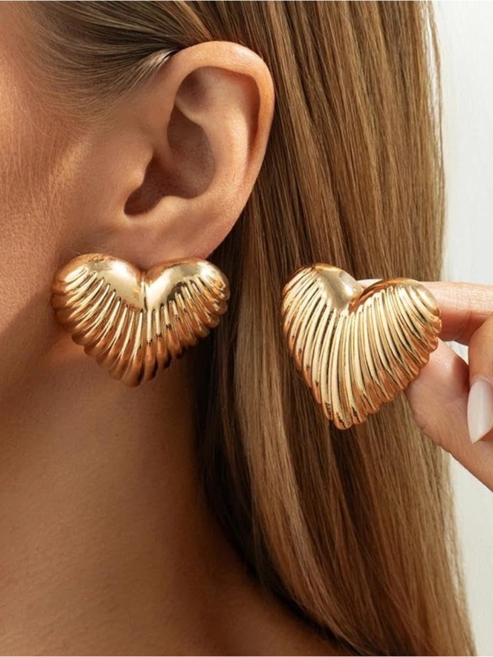 Anthropologie Gold Ribbed Heart Statement Earrings